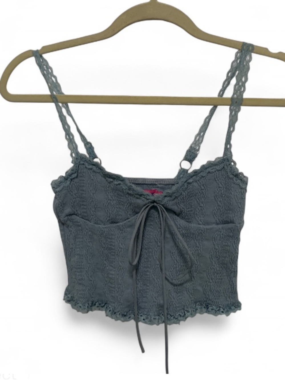 Edikted Dusty Blue Lace-Trim Tie-Front Cropped Seamless Cami